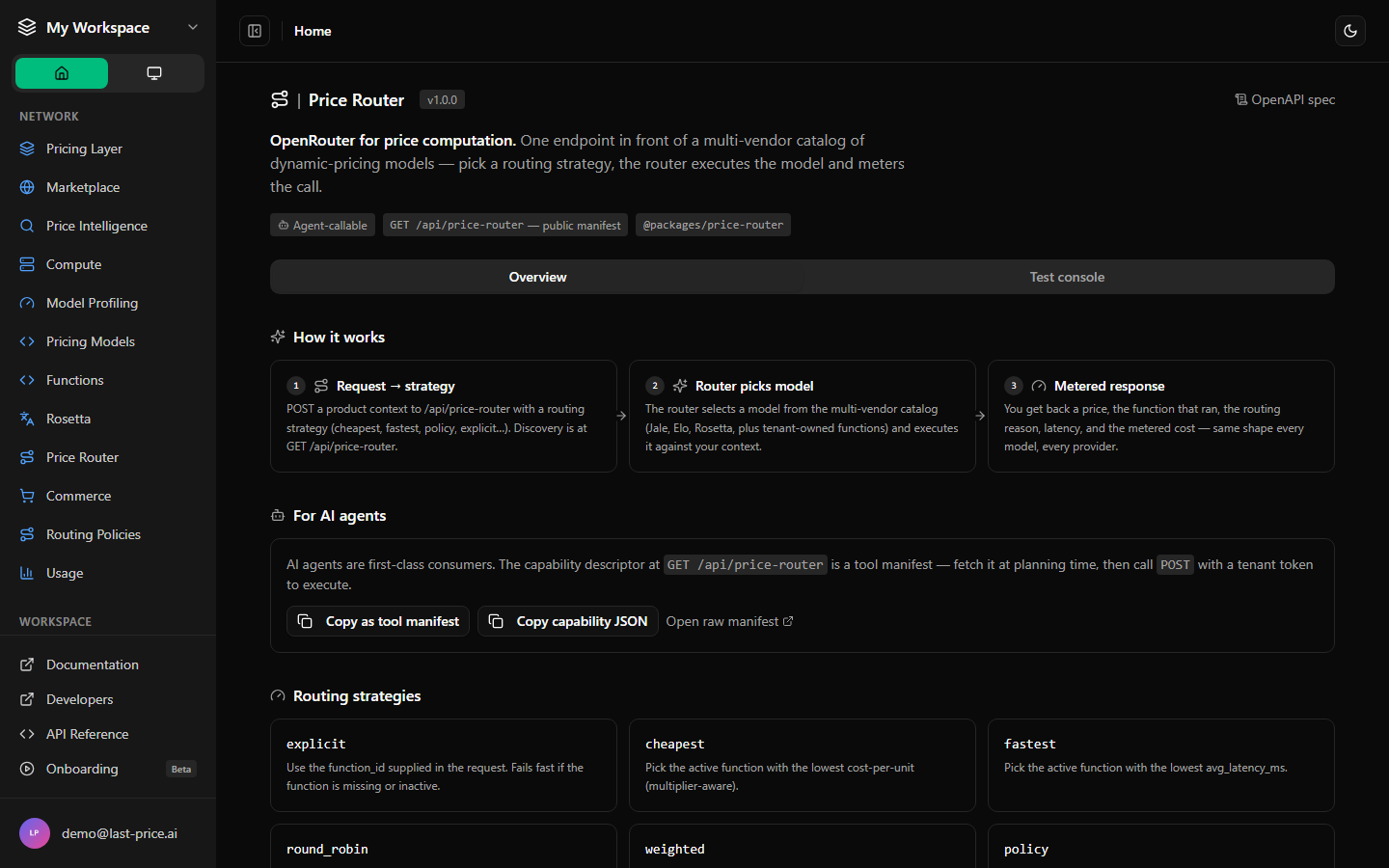 Playground: POST a context, inspect the JSON response and metering side-by-side.